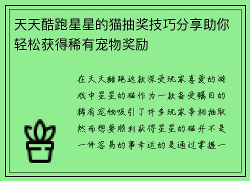 天天酷跑星星的猫抽奖技巧分享助你轻松获得稀有宠物奖励