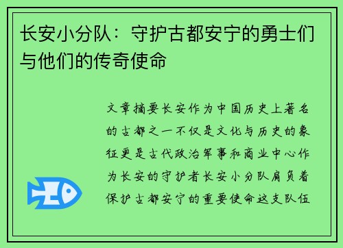 长安小分队：守护古都安宁的勇士们与他们的传奇使命